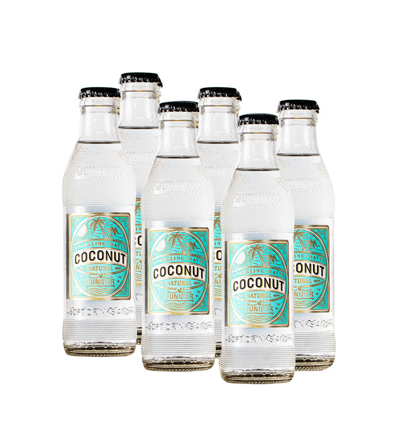 6 pack de botellas de soda saborizada Coconut Juniper de 200 ml