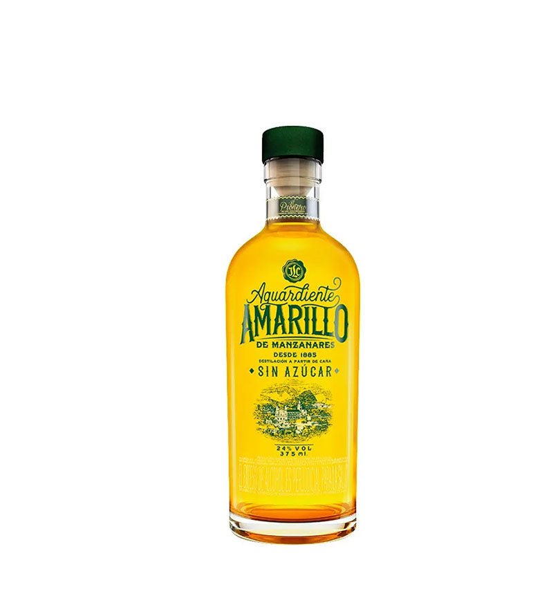 Media botella de Aguardiente Amarillo de Manzanares sin azúcar de 375 ml, licor amarillo con tapa verde