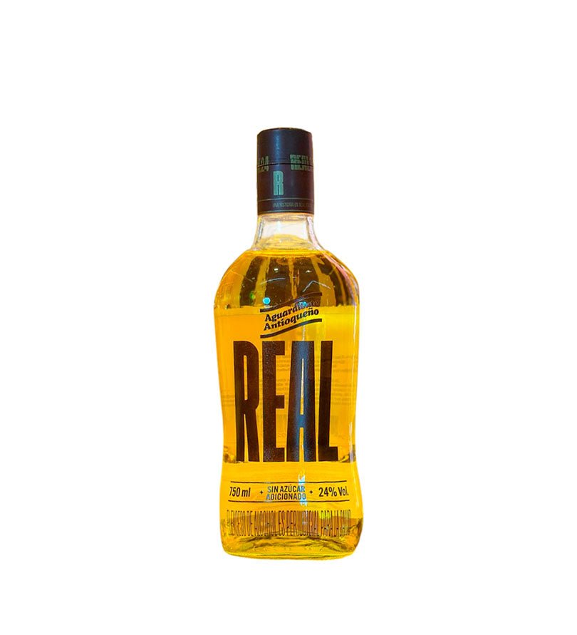 Botella de Aguardiente Antioqueño Amarillo Real de 750 ml, licor ámbar con la palabra Real en la etiqueta