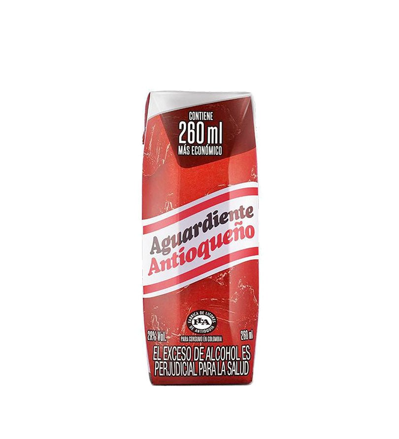 Envase de cartón rojo de Aguardiente Antioqueño tradicional de 260 ml