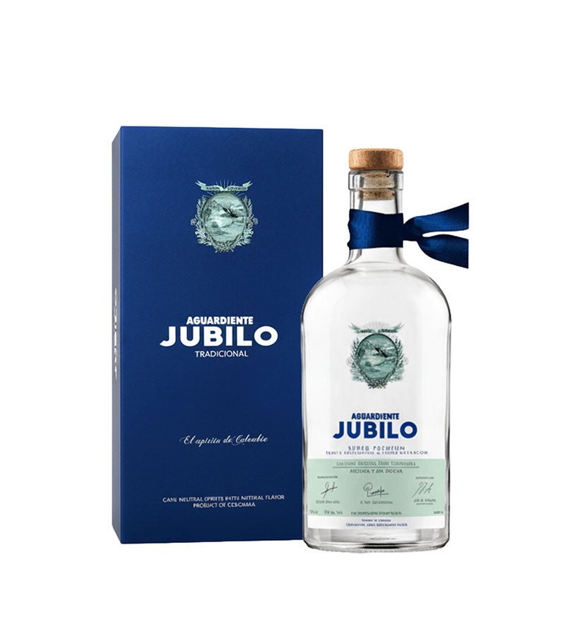 Botella de Aguardiente Júbilo Tradicional de 750 ml con cinta azul, junto a su estuche azul