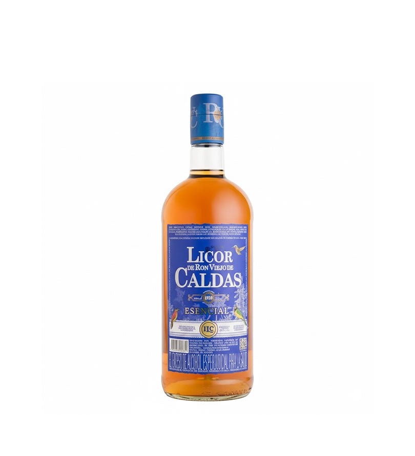Botella de litro de Licor de Ron Viejo de Caldas Esencial con etiqueta azul