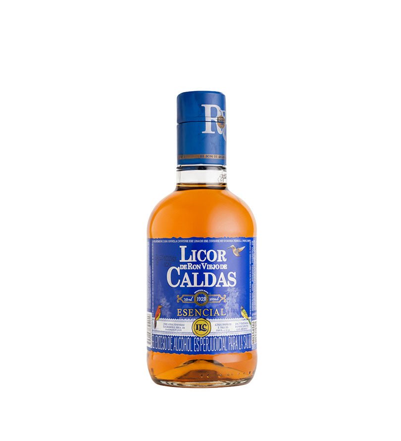 Media botella de Licor de Ron Viejo de Caldas Esencial de 375 ml con etiqueta azul