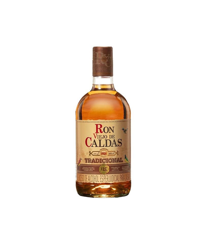 Botella de Ron Viejo de Caldas 3 Años Tradicional de 750 ml con etiqueta crema y tapa café