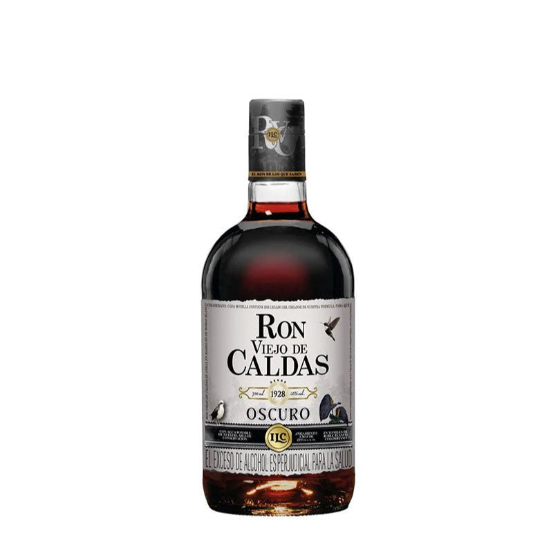 Botella oscura de Ron Viejo de Caldas Oscuro de 700 ml con etiqueta negra y plateada
