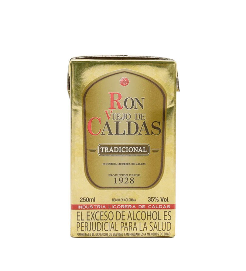 Caja dorada de cartón de Ron Viejo de Caldas Tradicional Cuarto de 250 ml