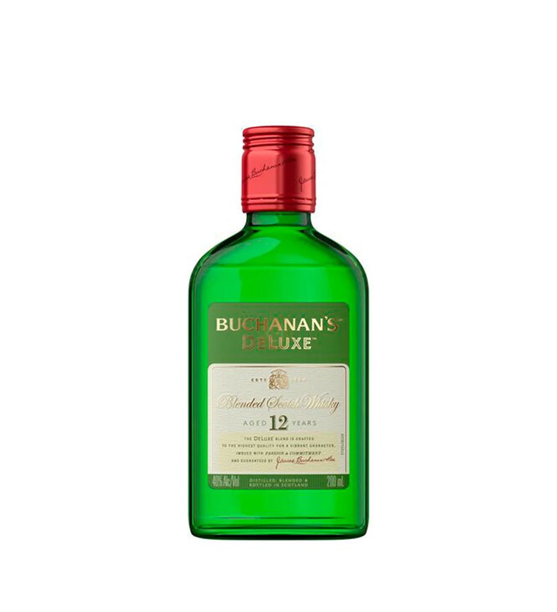 Botella de bolsillo de Whisky Buchanan's Deluxe 12 Años de 200 ml, verde con tapa roja