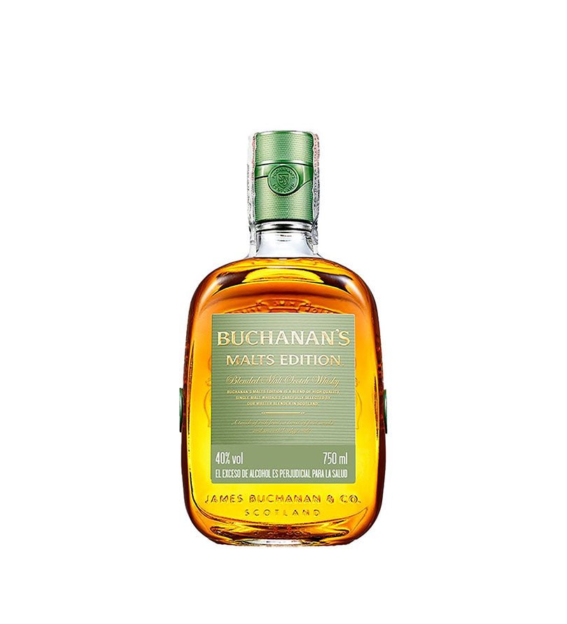 Botella de Whisky Buchanan's Malt Edition de 750 ml con tapa y etiqueta verdes
