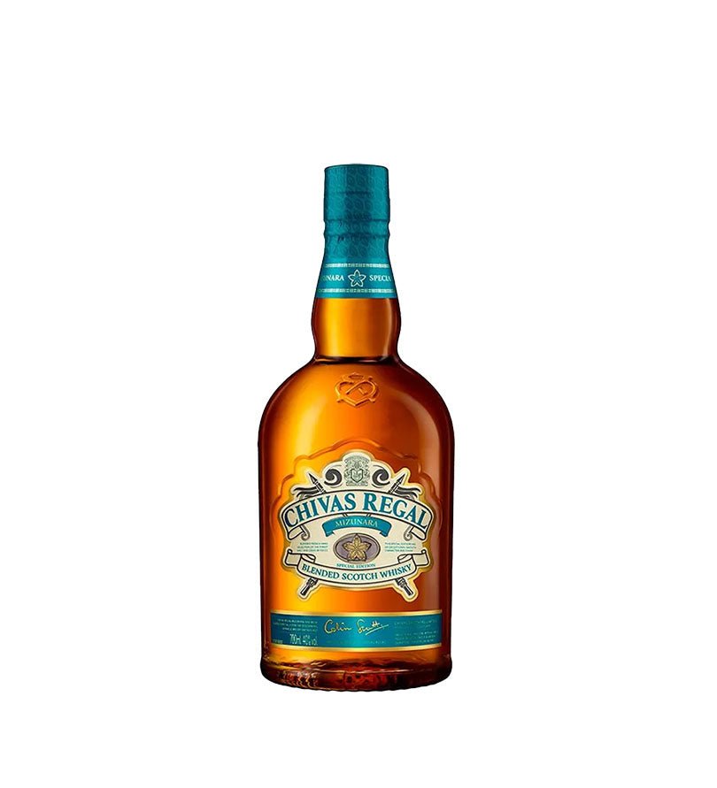 Botella de Whisky Chivas Regal Mizunara de 700 ml con detalles verde azulado