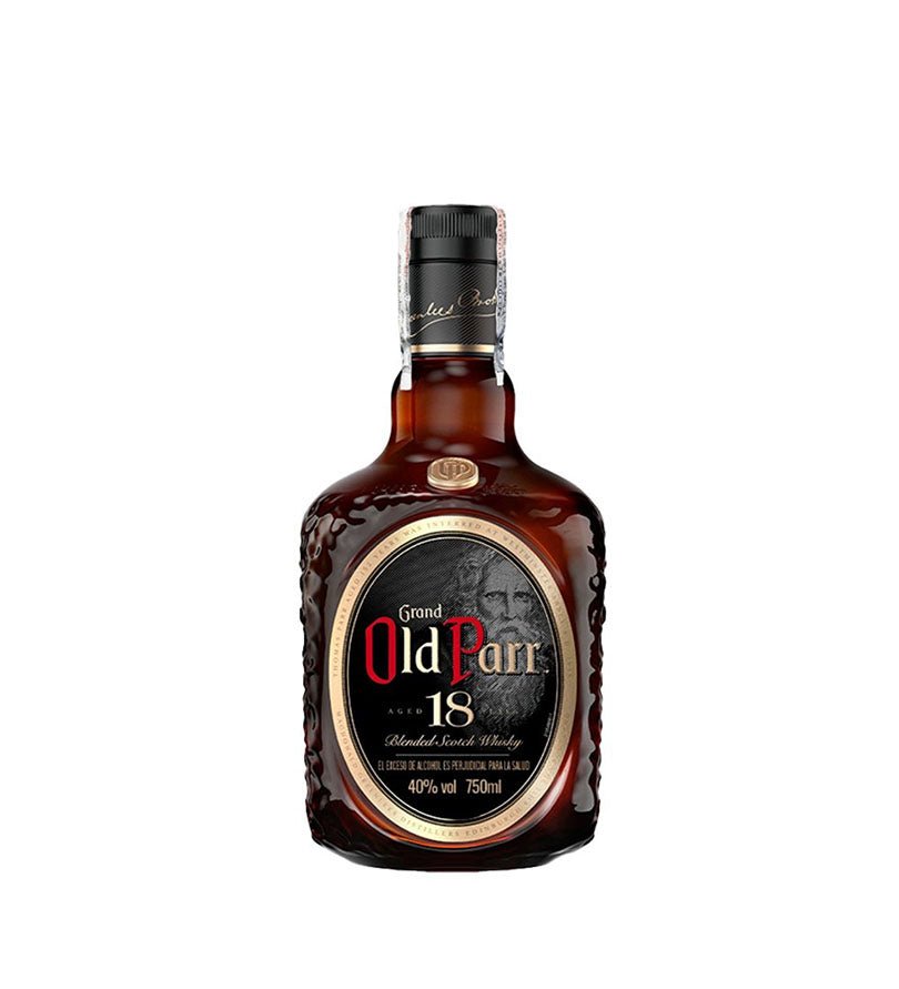 Botella cuadrada de Whisky Old Parr 18 Años de 750 ml con tapa negra