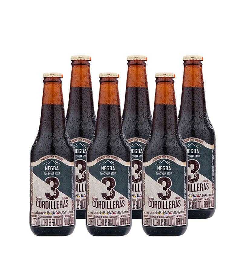 Six pack de cerveza 3 Cordilleras Negra en botella de 300 ml