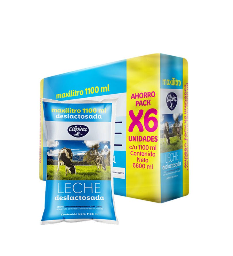 Six pack de leche deslactosada Alpina de 6 x 1,1 L