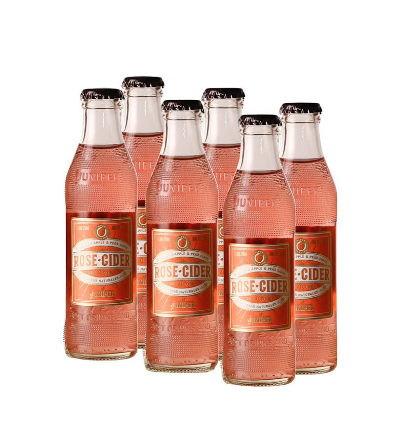 6 pack de botellas de soda saborizada Rose Cider Juniper de 200 ml