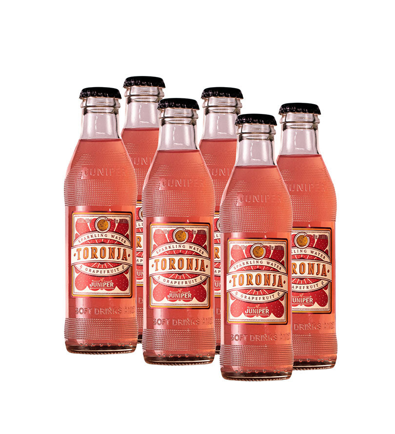6 pack de botellas de soda saborizada Toronja Juniper de 200 ml
