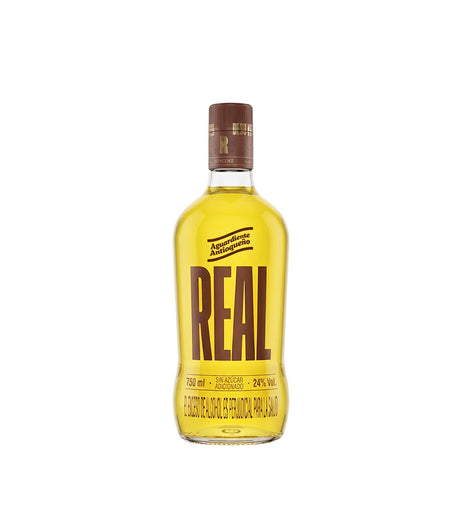 Botella de Aguardiente Antioqueño Amarillo Real de 750 ml, licor ámbar con la palabra Real en la etiqueta