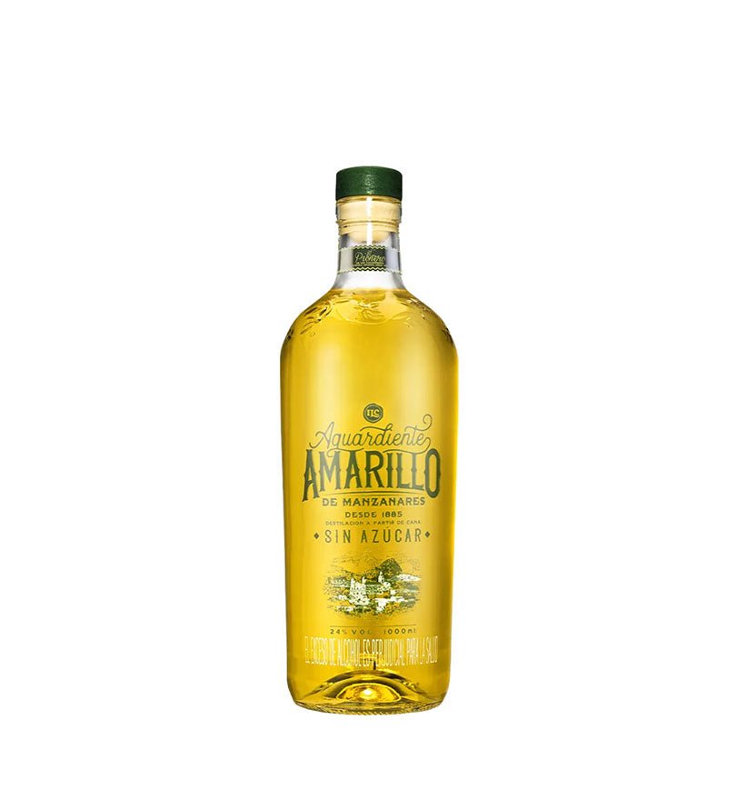 Botella de litro de Aguardiente Amarillo de Manzanares sin azúcar, 1000 ml, con tapa verde