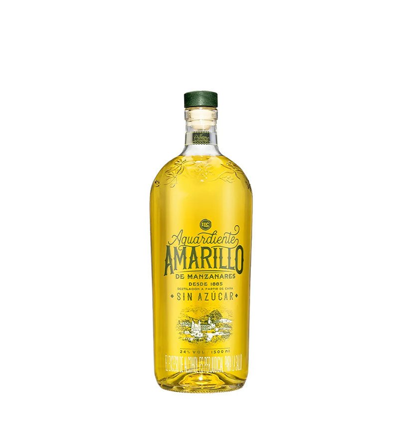 Garrafa de Aguardiente Amarillo de Manzanares sin azúcar de 1500 ml, licor amarillo con tapa verde