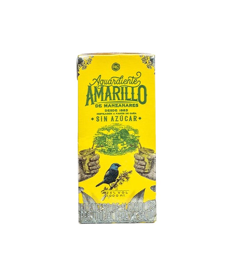 Caja Tetra amarilla de Aguardiente Amarillo de Manzanares sin azúcar de 1 litro, ilustrada con un pájaro