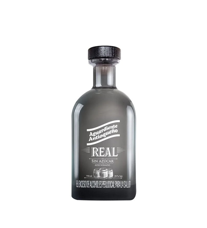 Botella gris oscura de Aguardiente Antioqueño Real Sin Azúcar de 750 ml con tapón negro