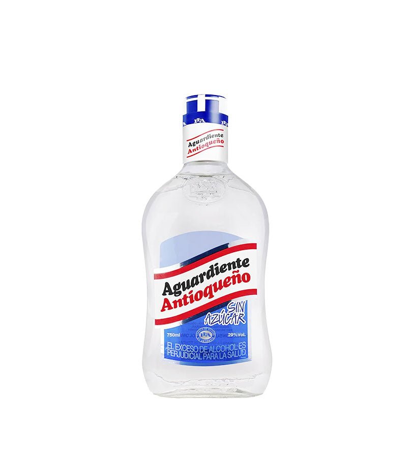 Botella de Aguardiente Antioqueño Tapa Azul sin azúcar de 750 ml, vidrio transparente con etiqueta azul y roja