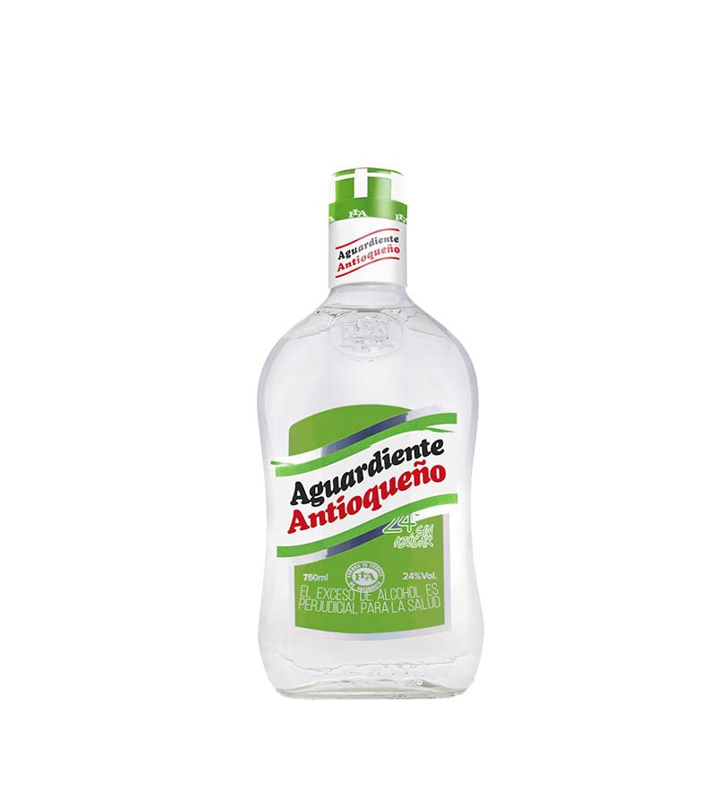 Botella de Aguardiente Antioqueño Tapa Verde sin azúcar de 24°, 750 ml, vidrio transparente con etiqueta verde