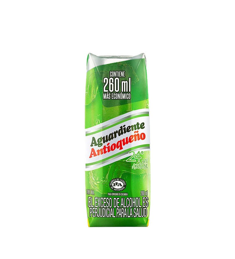 Envase de cartón verde de Aguardiente Antioqueño sin azúcar de 24°, 260 ml
