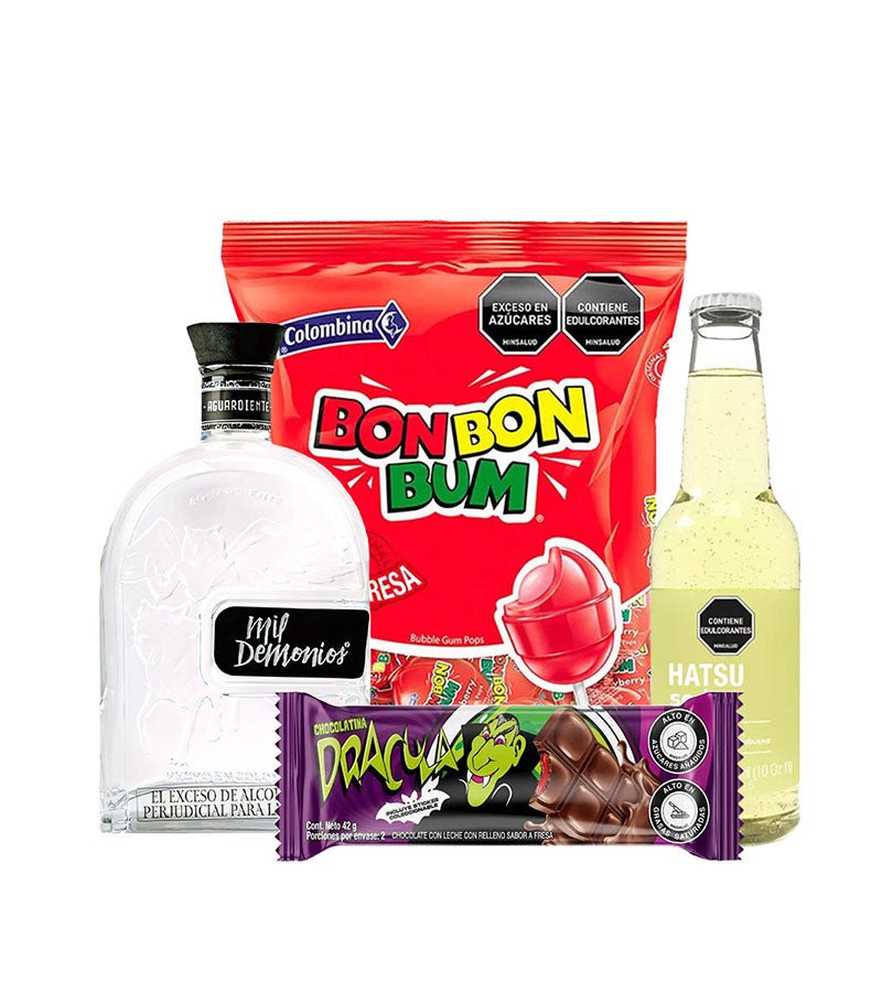Combo Halloween - Aguardiente Mil Demonios, Paquete Bon Bon Bum, Soda Hatsu, Chocolatina Drácula - Licores Medellín