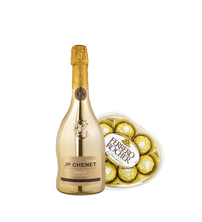 Combo Vino Espumoso JP. Chenet Demisec Muscat Divine Botella 750ml + Bombones Corazón Ferrero Rocher Cofre 100g 8und - Licores Medellín