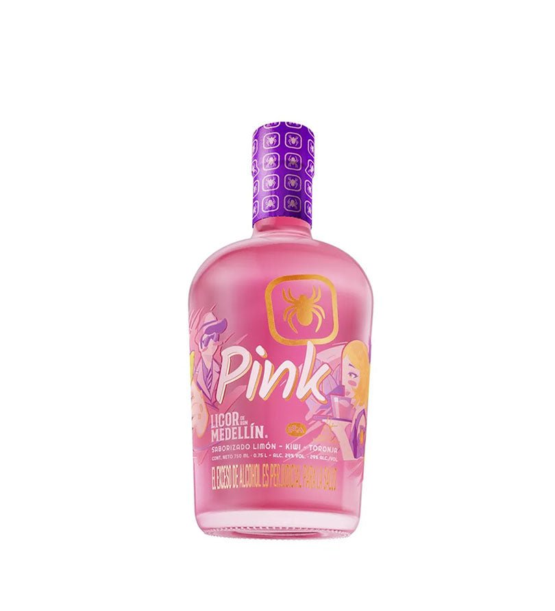 Botella rosada de Licor de Ron Medellín Pink de 750 ml con tapa morada