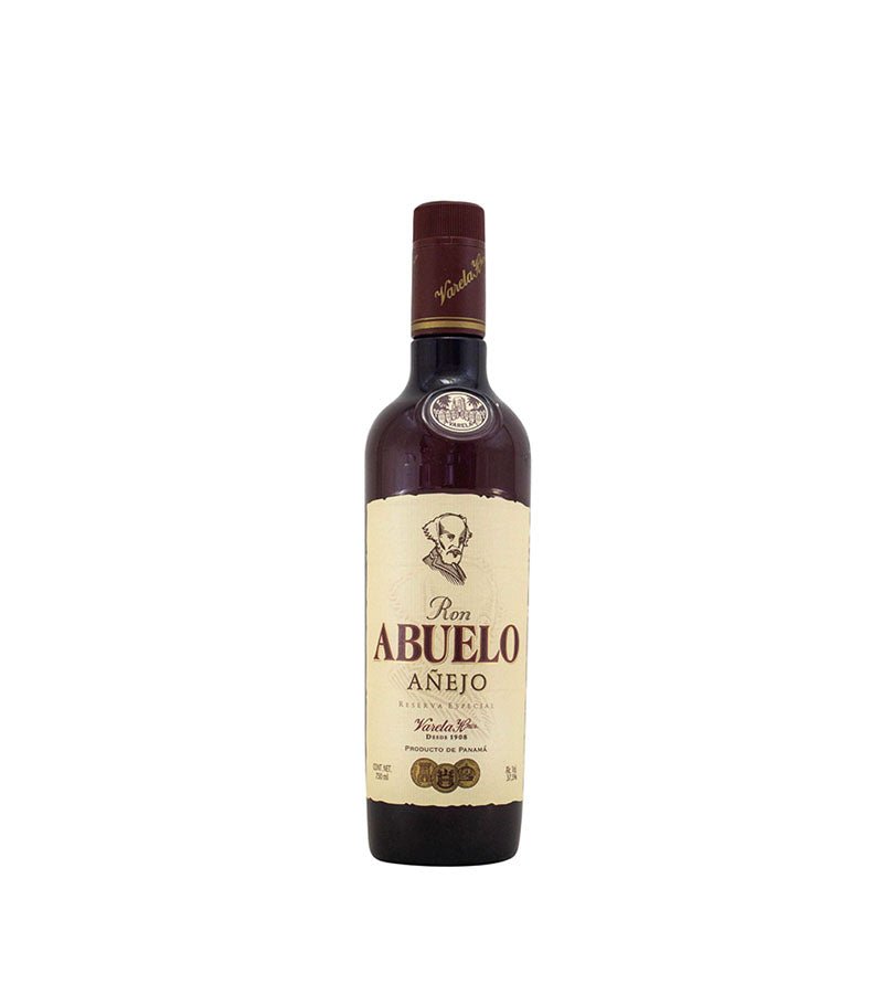 Botella oscura de Ron Abuelo Añejo de 750 ml con etiqueta crema