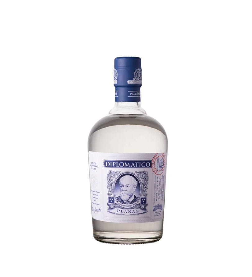 Botella redonda transparente de Ron Diplomático Planas de 700 ml con etiqueta azul