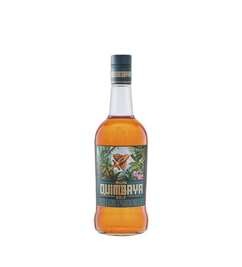 Botella de Ron Quimbaya Gold de 700 ml con etiqueta ilustrada de selva