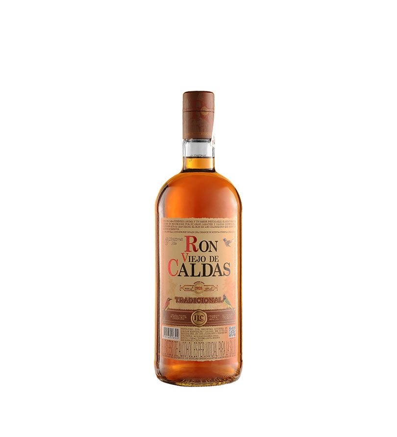 Botella de litro de Ron Viejo de Caldas 3 Años Tradicional con etiqueta crema