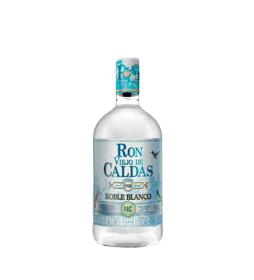 Botella transparente de Ron Viejo de Caldas Roble Blanco de 750 ml con etiqueta azul clara