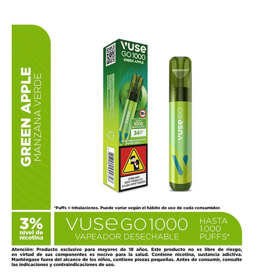 Vapeador Desechable Vuse Go Green Apple - 1000 Puff - Licores Medellín