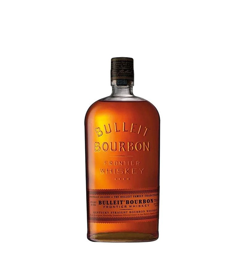 Botella de Whiskey Bulleit Bourbon de 750 ml, vidrio con relieve y etiqueta naranja