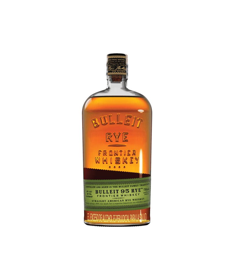 Botella de Whiskey Bulleit Rye de 750 ml, vidrio con relieve y etiqueta verde