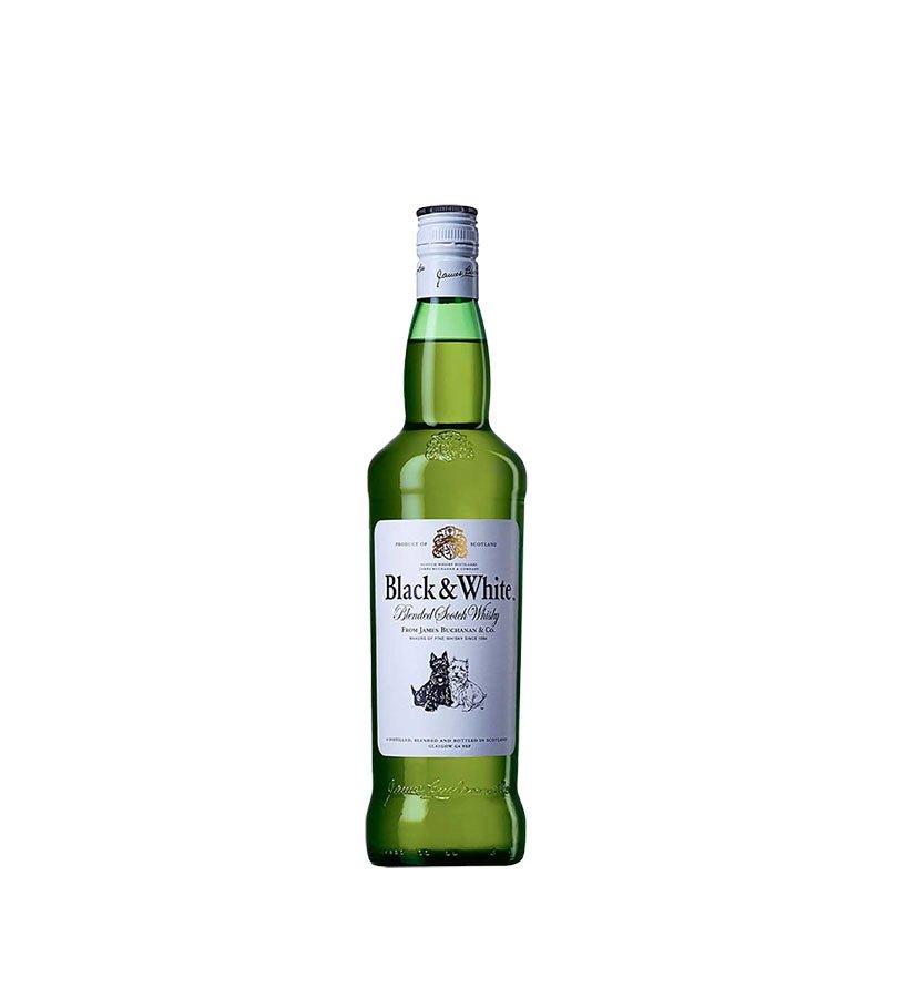 Botella verde de Whisky Black & White de 700 ml con dos terriers en la etiqueta