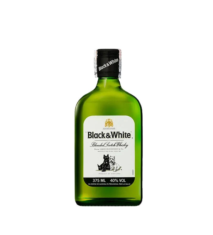 Media botella plana de Whisky Black & White de 375 ml, vidrio verde