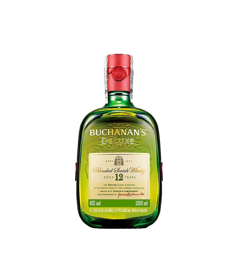 Botella verde de litro de Whisky Buchanan's Deluxe 12 Años con tapa roja