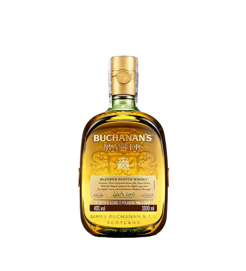 Botella de litro de Whisky Buchanan's Master con tapa y etiqueta doradas
