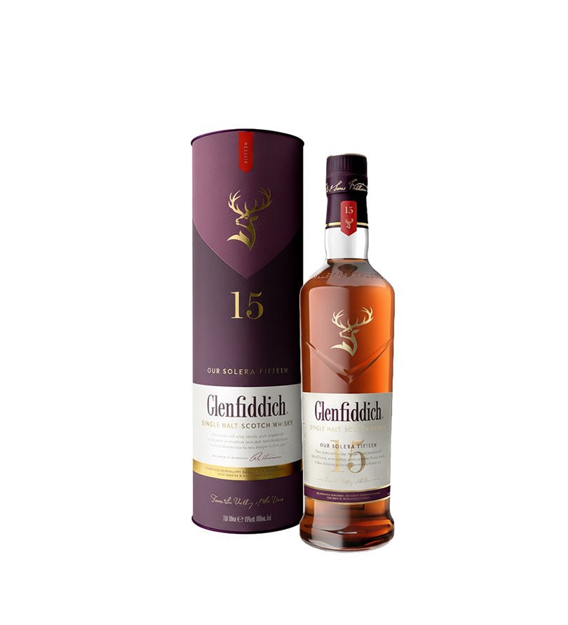 Whisky Glenfiddich 15 Años de 750 ml junto a su estuche color vino
