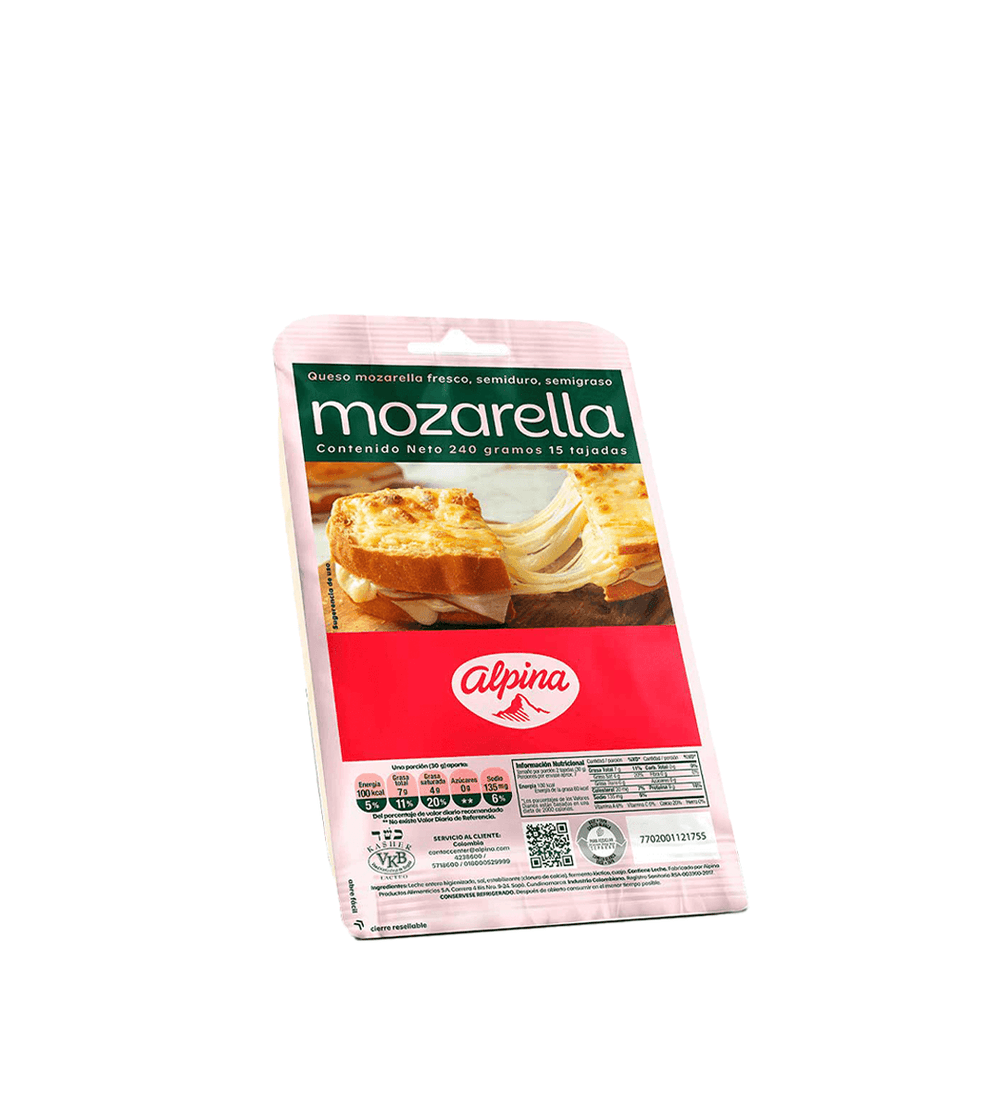 Empaque de queso mozzarella Alpina de 15 tajadas de 240 g